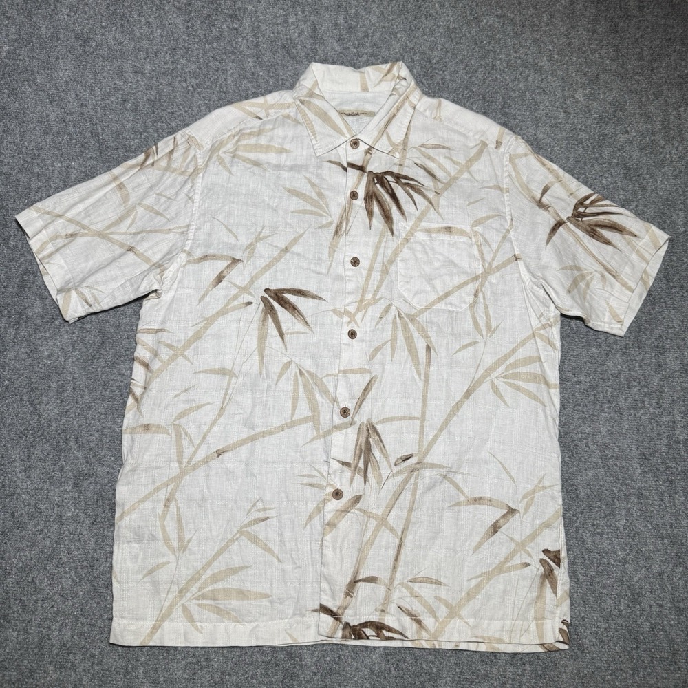 Tommy Bahama 100% Linen Button Up Men Large Tropical Hawaiian Ivory Tan Outdoor